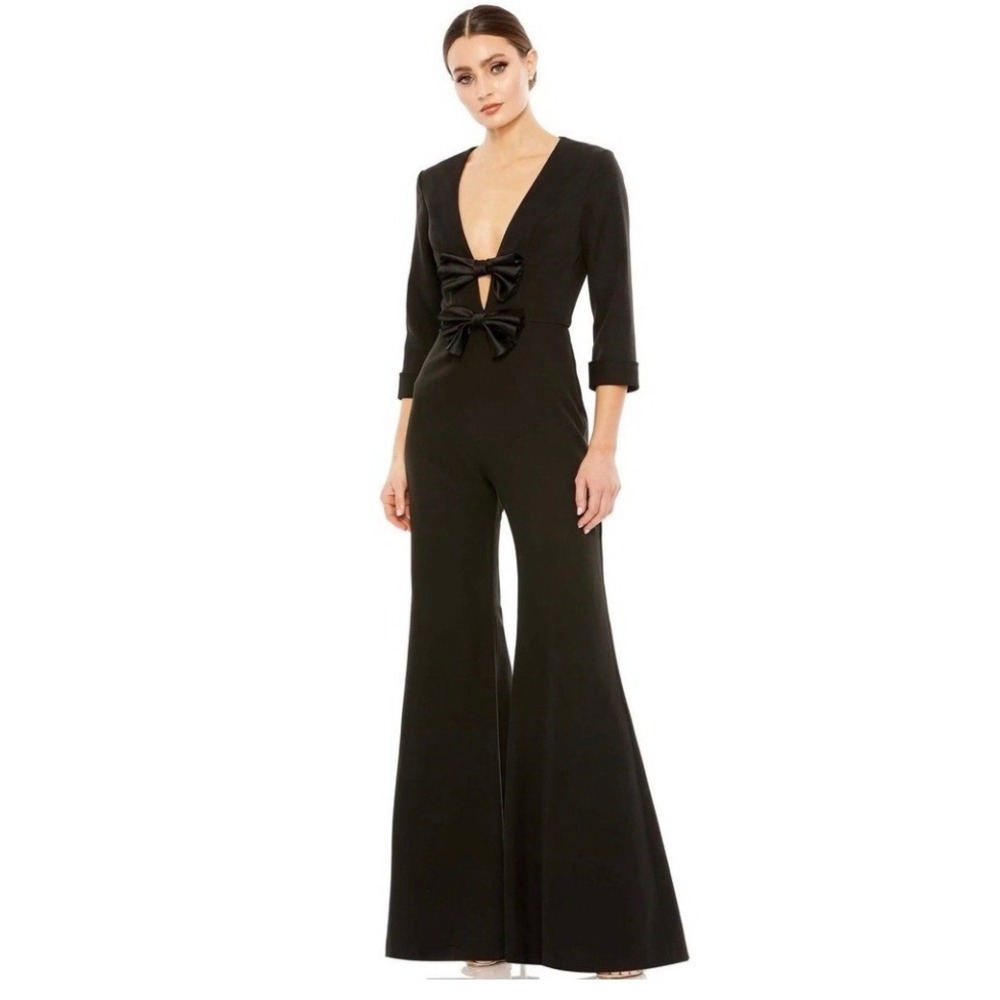 NWT Mac Duggal 27033 LONG SLEEVE BOW DETAIL WIDE LEG-JUMPSUIT Black Sz 6$398